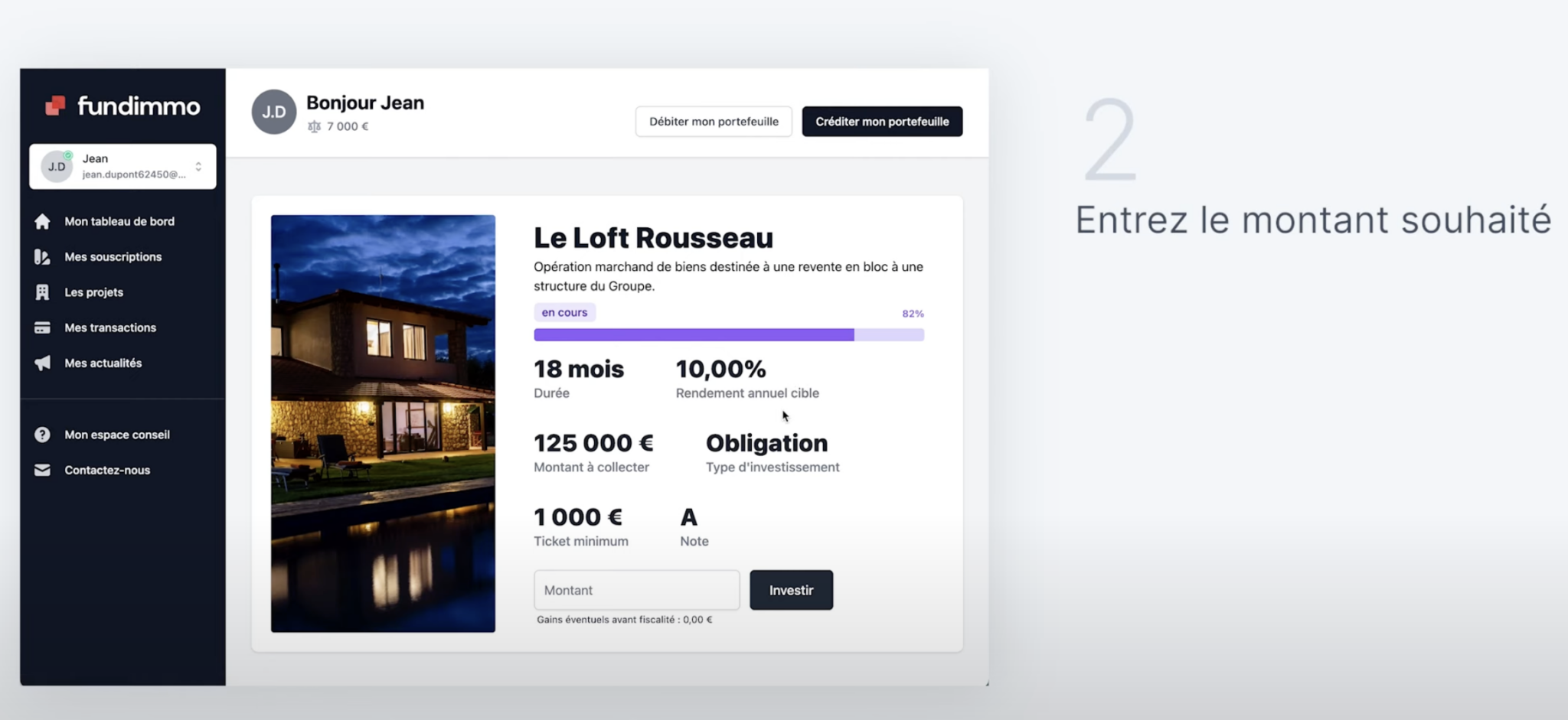Indiquer le montant à investir Capture d'écran de FundImmo