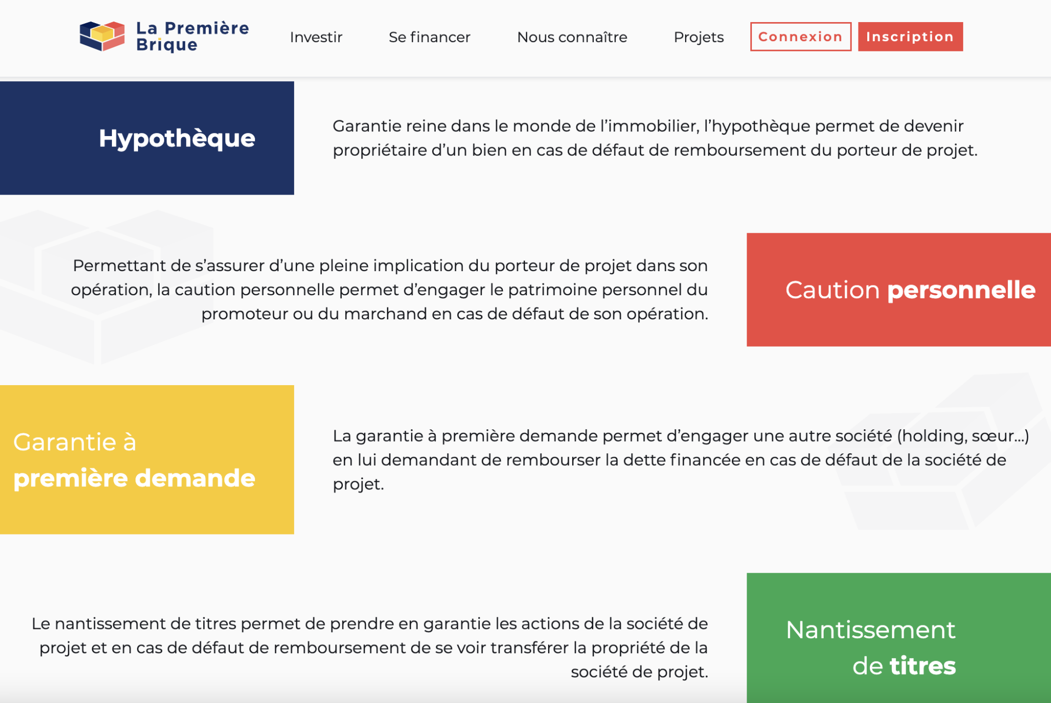 Les garanties proposées La première Brique Capture d'écran du site La première Brique