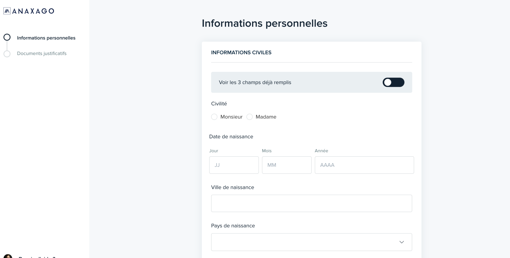 2ème étape : validation de son profil Capture d'écran du site Anxago