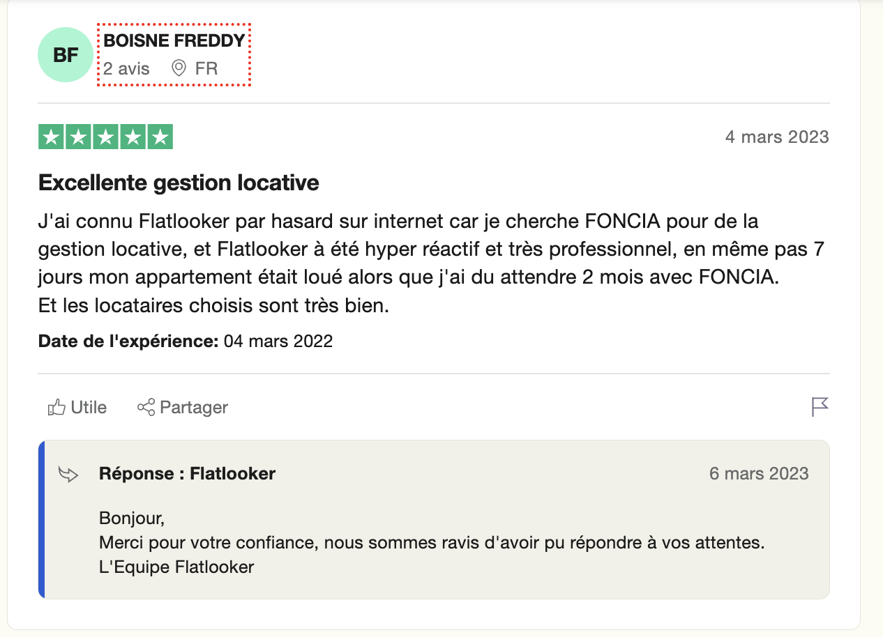 Avis sur Flatlooker Capture d'écran d'un avis client