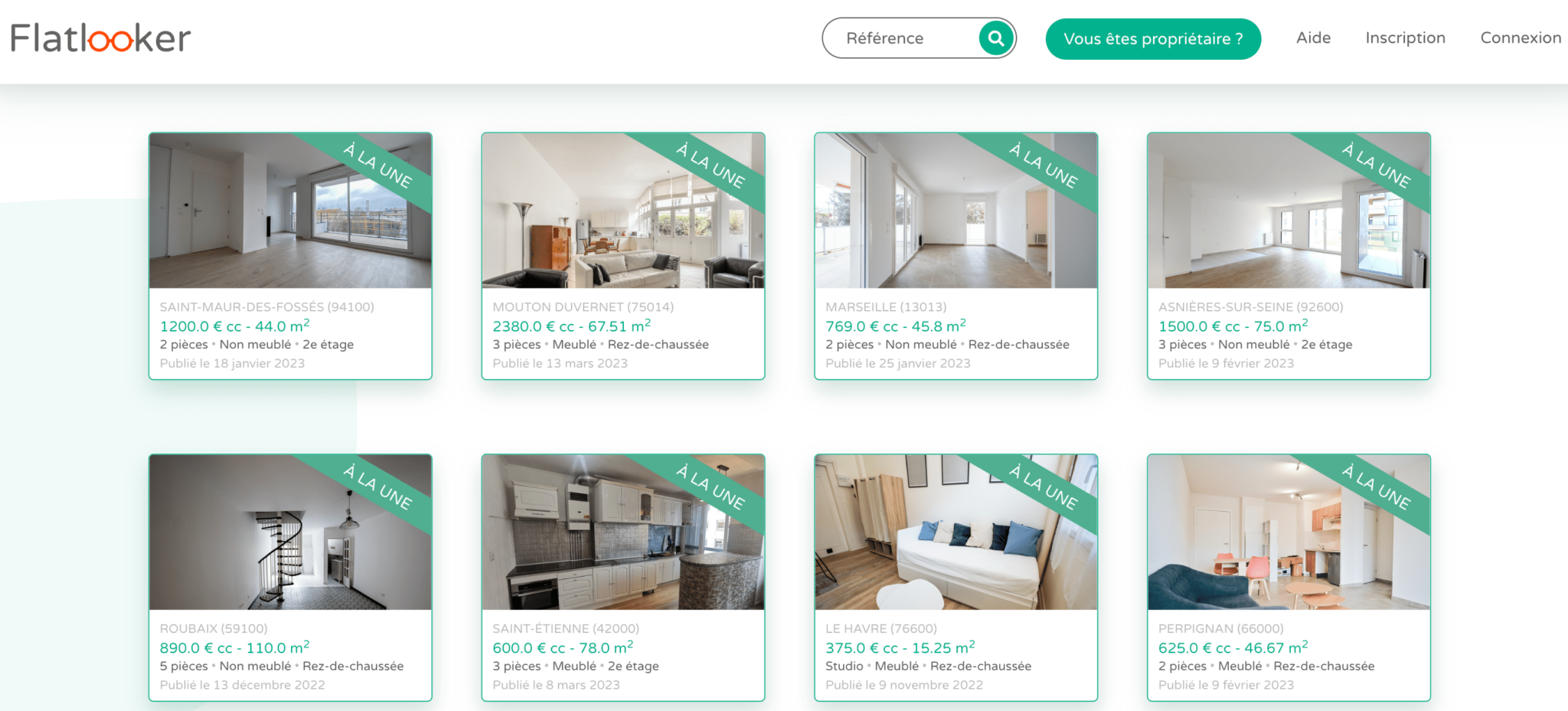 Un grand choix de biens d'investissement chez Flatlooker Capture d'écran du site Flatlooker