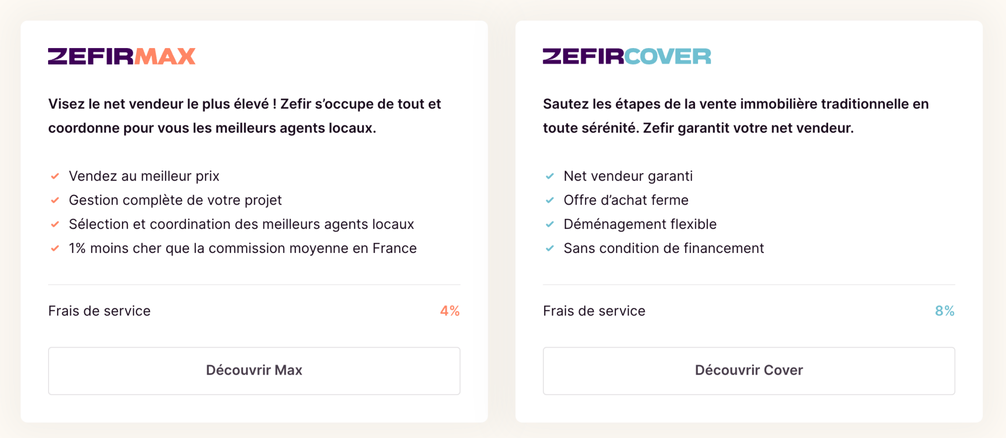 Les frais de Zefir Immobilier Capture d'écran du site Zefir