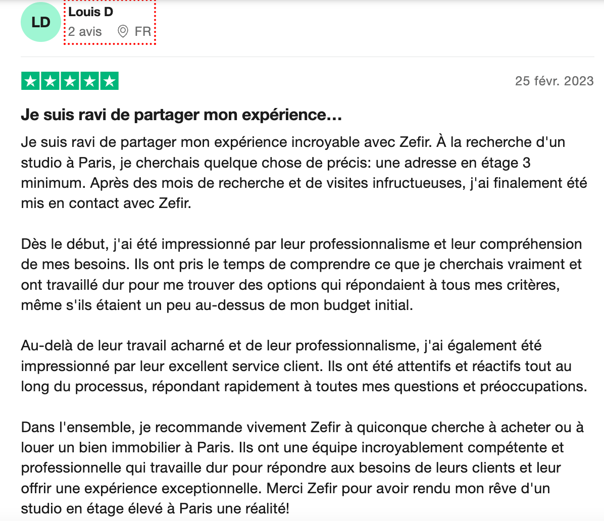 Avis sur Zefir Capture d'écran d'un avis client 5 étoiles Trustpilot
