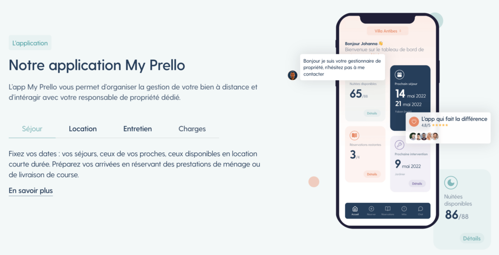 La répartition des séjours : l'application MyPrello Capture d'écran du site Prello