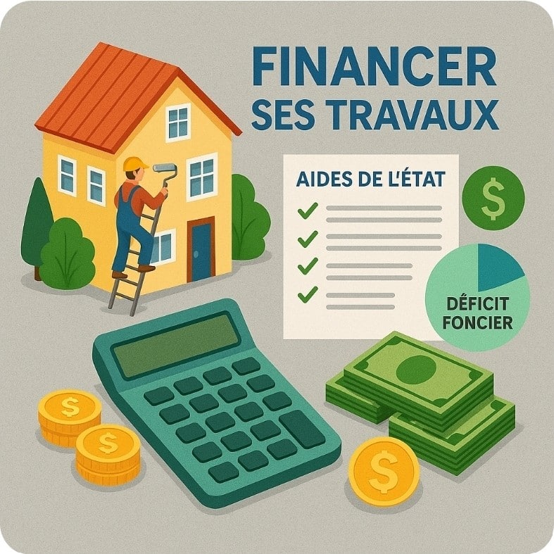 Infographie illustrant différents types de travaux financés par un prêt sur 10 ans, incluant l’isolation, la rénovation intérieure, l’aménagement extérieur et les équipements énergétiques, avec des pictogrammes colorés et des données simplifiées sur les taux., les aides de l'etat et un organigramme sur le déficit foncier